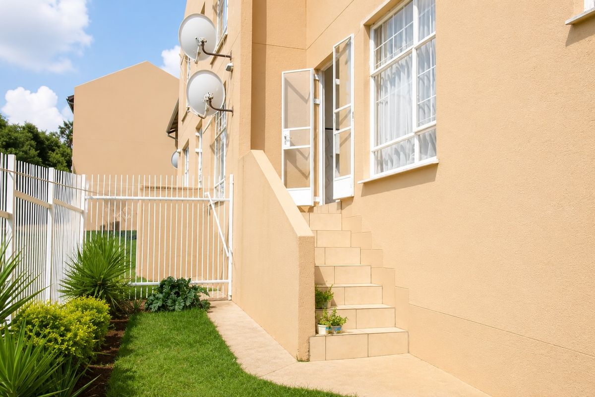 Exterior view of an apartment building featuring a private entrance with tiled steps, security gate, and a small landscaped garden area.