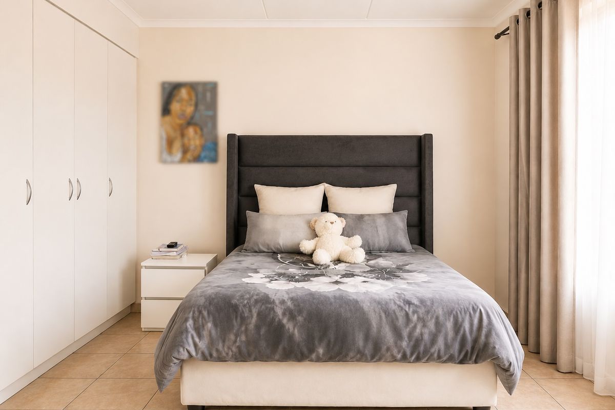 A well-maintained bedroom featuring neutral tiled flooring, ample built-in cupboard storage, and large windows dressed with floor-to-ceiling curtains.