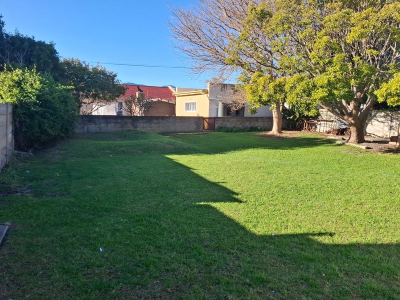 A spacious, well-maintained backyard featuring a large lawn area, mature trees, and perimeter boundary walls.
