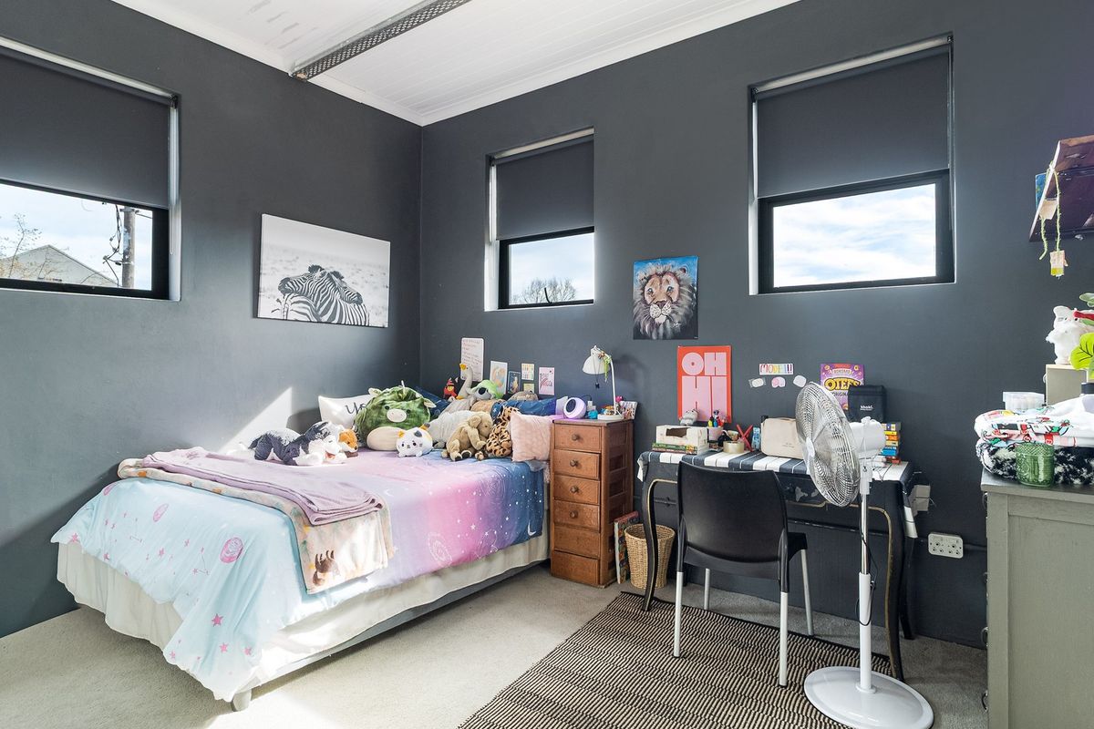A well-maintained bedroom featuring dark grey walls, carpeted flooring, and a tongue and groove ceiling with modern roller blinds.