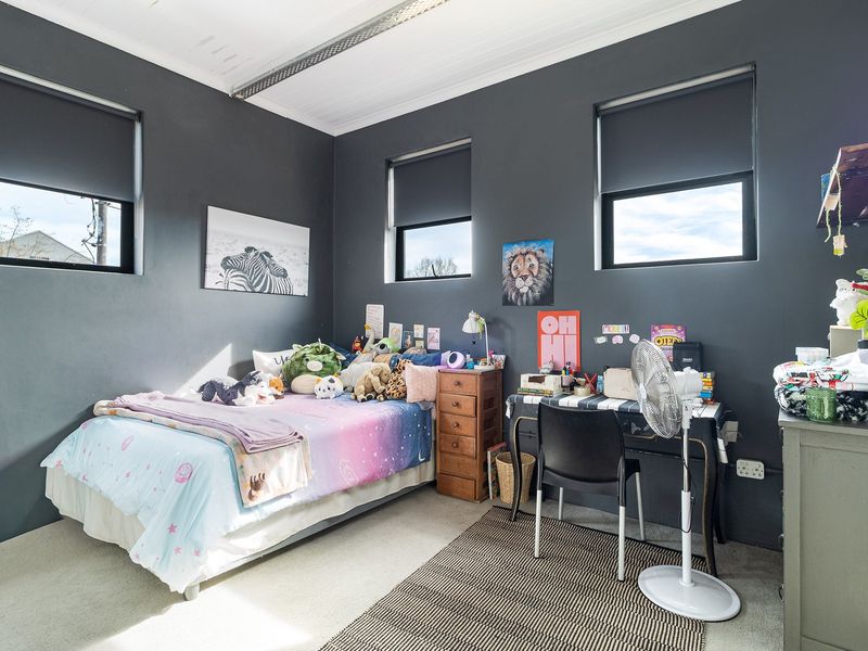 A well-maintained bedroom featuring dark grey walls, carpeted flooring, and a tongue and groove ceiling with modern roller blinds.