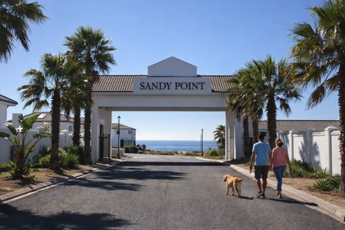 Entrance gate to Sandy Point residential estate featuring paved road access, established palm trees, and ocean views in the distance.