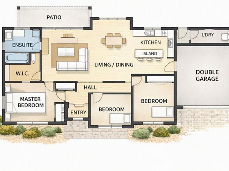 A detailed architectural floor plan showing a three-bedroom layout with an open-plan living area, kitchen island, double garage, and patio.