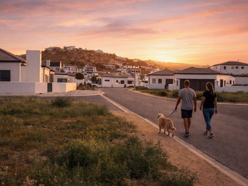 A scenic street view of a residential neighborhood at sunset, showcasing the surrounding community and local landscape.