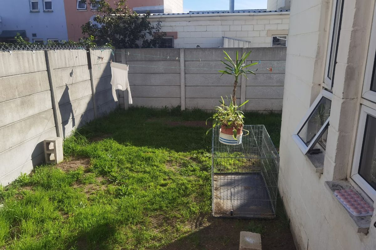 A small rear garden area featuring a lawn and precast concrete boundary wall, accessible from the main building structure.