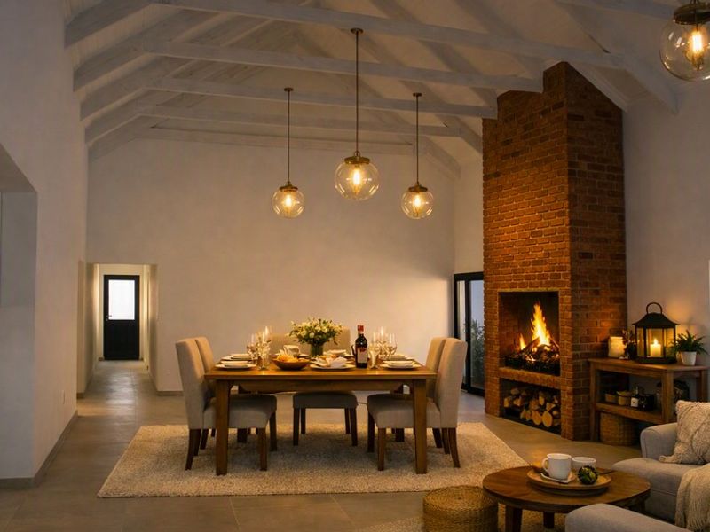 Spacious open-plan living and dining area featuring a striking brick fireplace, exposed timber ceiling beams, and elegant pendant lighting.