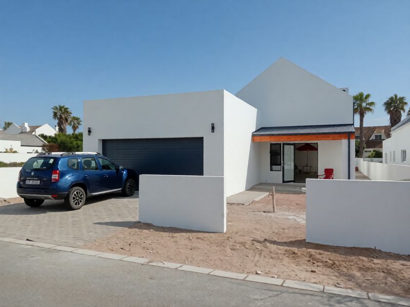 Modern front elevation featuring a clean white facade, integrated garage, and a covered entrance with timber detailing, set within a residential estate.