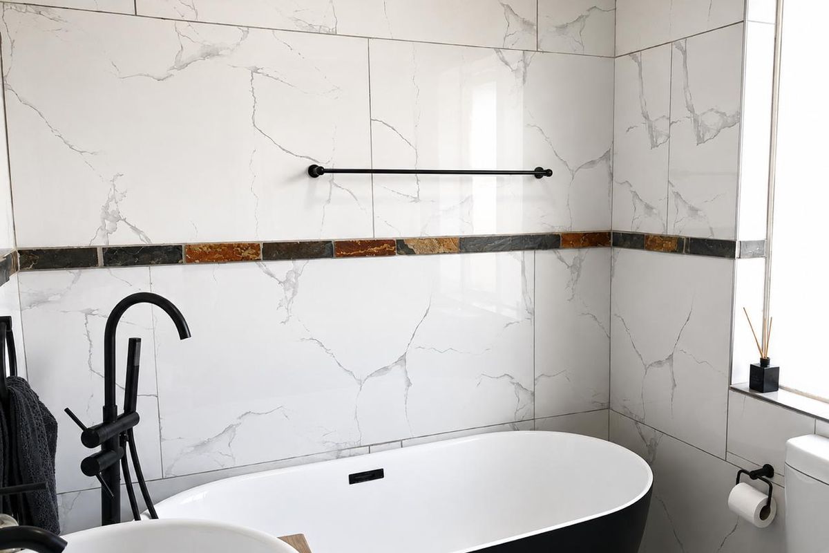 Modern bathroom featuring a sleek freestanding bathtub, black matte fixtures, and elegant marble-effect wall tiling with a decorative stone accent border.