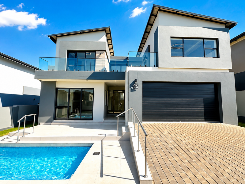 Modern double-story residence featuring a paved driveway, integrated double garage, private swimming pool, and an upper-level balcony with glass balustrades.