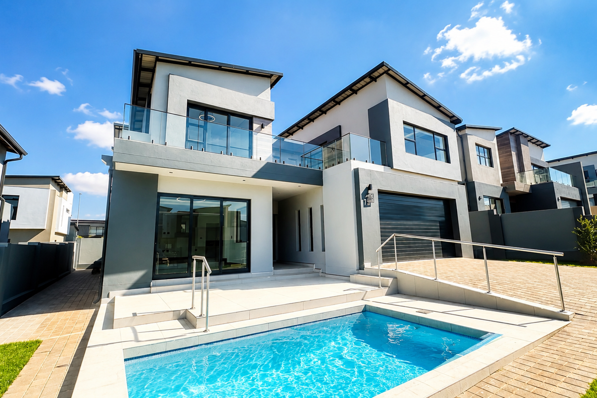Modern double-story residence featuring a private swimming pool, paved patio area, glass balustrades, and a double garage with a paved driveway.