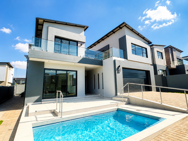 Modern double-story residence featuring a private swimming pool, paved patio area, glass balustrades, and a double garage with a paved driveway.