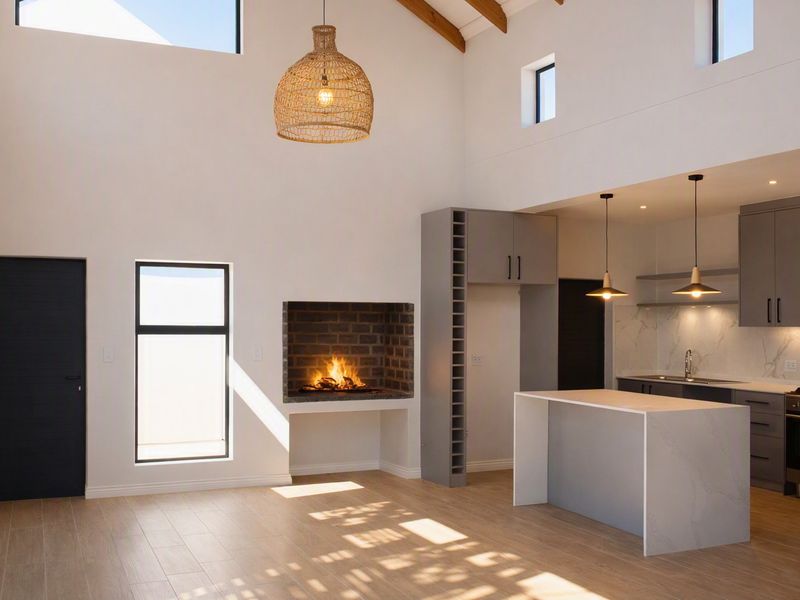 Spacious open-plan living and kitchen area featuring high vaulted ceilings with exposed beams, a built-in brick fireplace, and modern grey cabinetry.