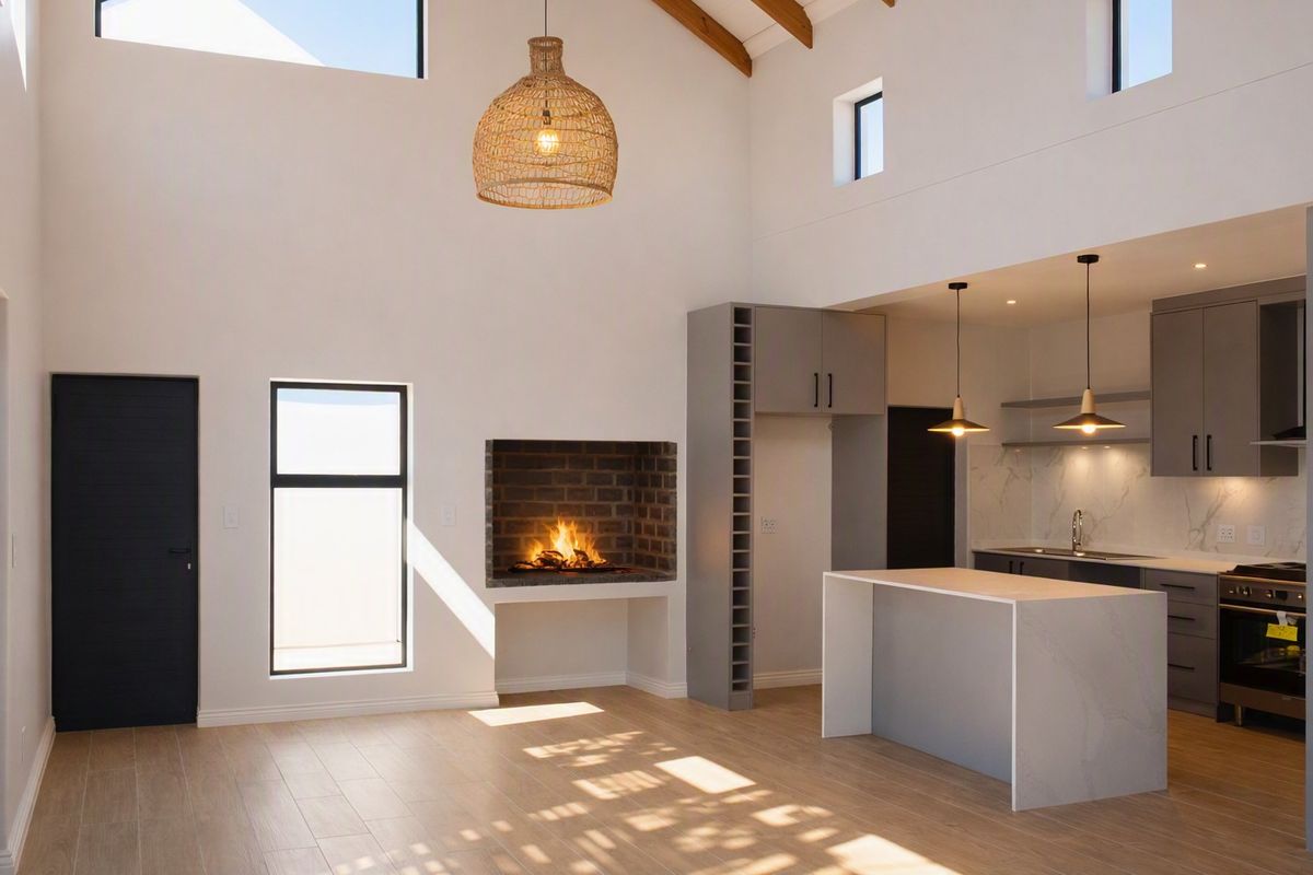 Spacious open-plan living and kitchen area featuring high vaulted ceilings with exposed beams, a built-in brick fireplace, and modern grey cabinetry.