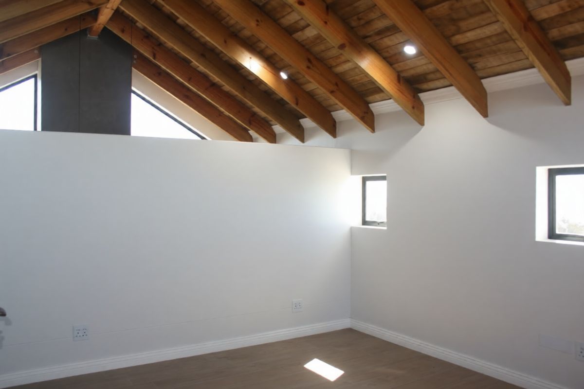 A bright, empty bedroom featuring high vaulted ceilings with exposed timber rafters, modern finishes, and clean white walls.