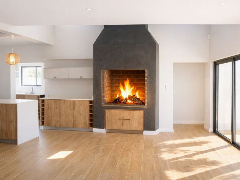 Spacious open-plan living area featuring a prominent built-in fireplace, modern wood-look cabinetry, and large sliding glass doors leading to the exterior.