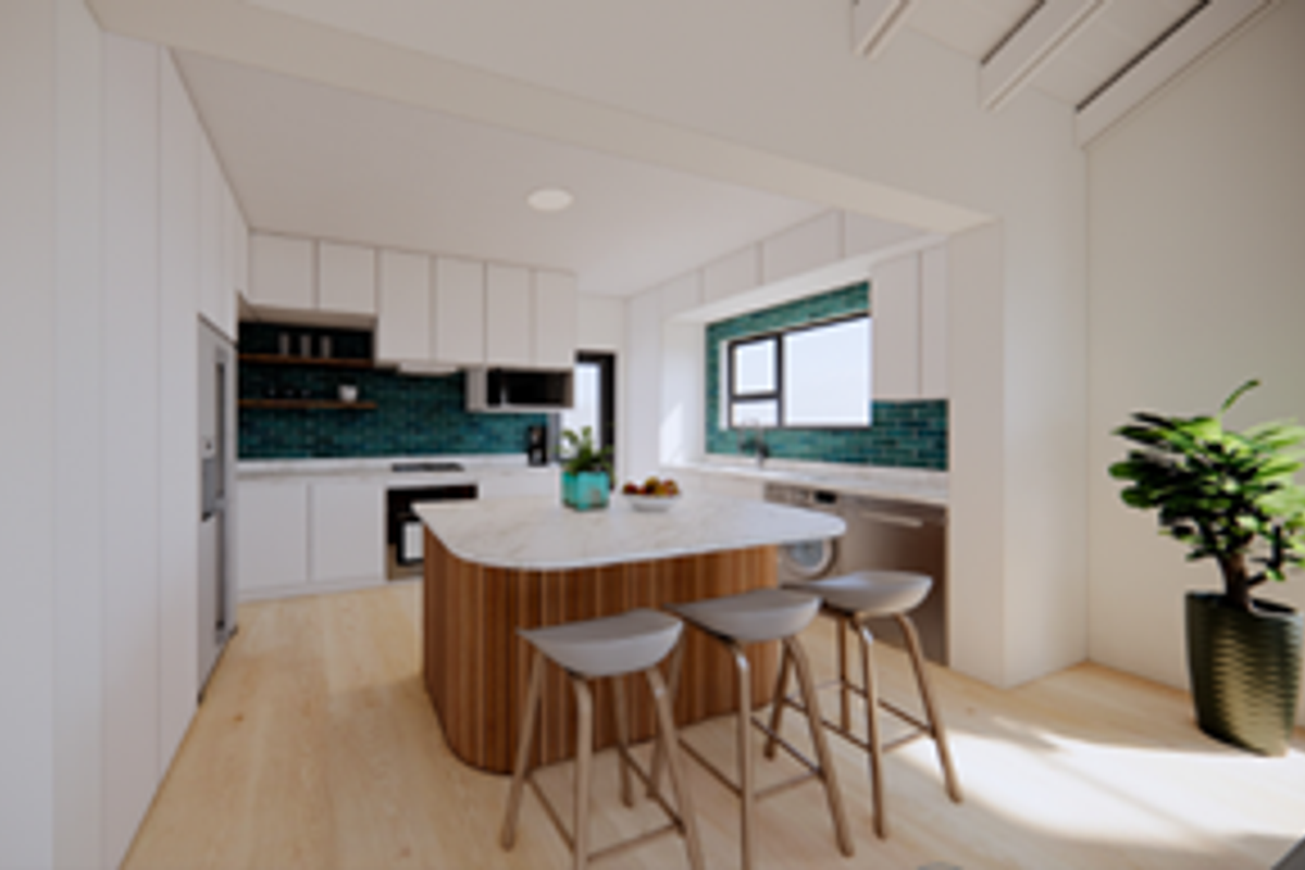 A modern, well-lit kitchen featuring a central island with stone countertops, sleek white cabinetry, and a vibrant teal tiled backsplash.