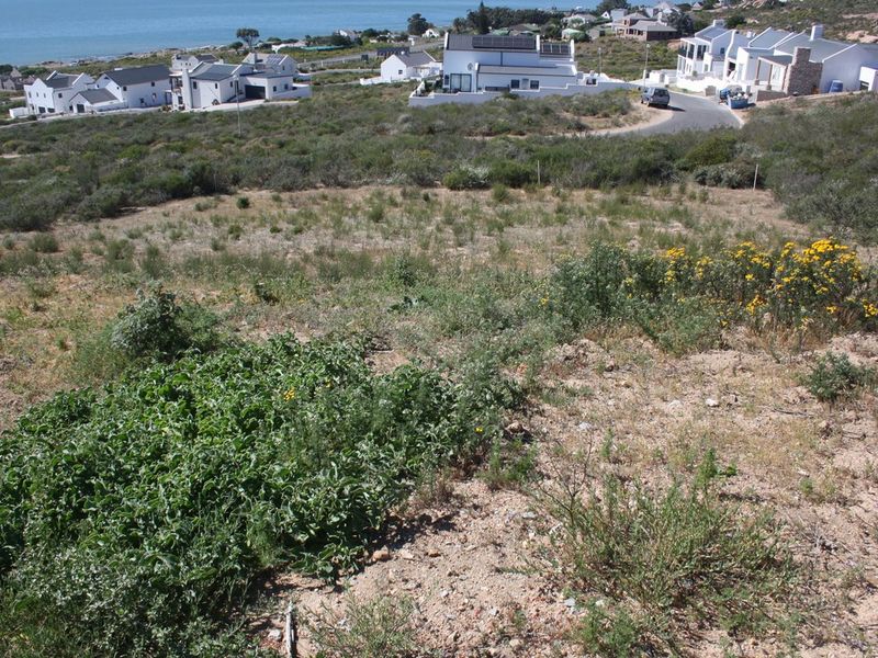 An elevated view of a vacant residential plot featuring natural coastal vegetation and a gentle slope, overlooking a nearby residential neighborhood and the ocean.