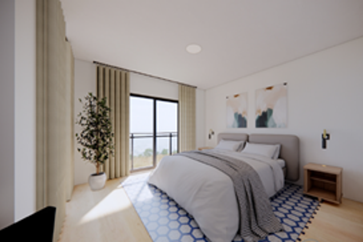 A modern, well-lit bedroom featuring light wood flooring, a sliding glass door leading to a balcony, and contemporary wall-mounted lighting fixtures.