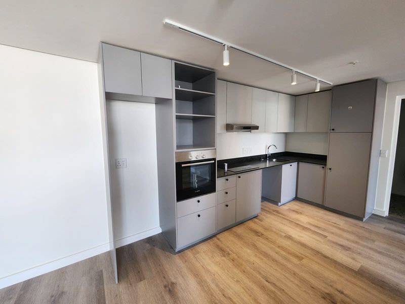 Modern kitchen featuring sleek grey cabinetry, built-in oven, extractor fan, dark stone countertops, and durable laminate flooring in an open-plan layout.