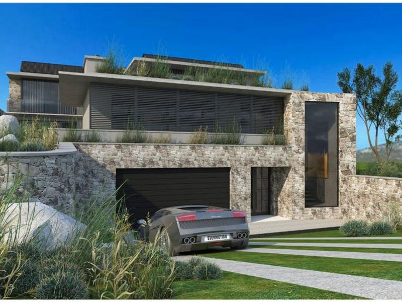 Modern luxury residence featuring stone cladding, integrated garage, and landscaped terraced gardens, showcasing contemporary architectural design.