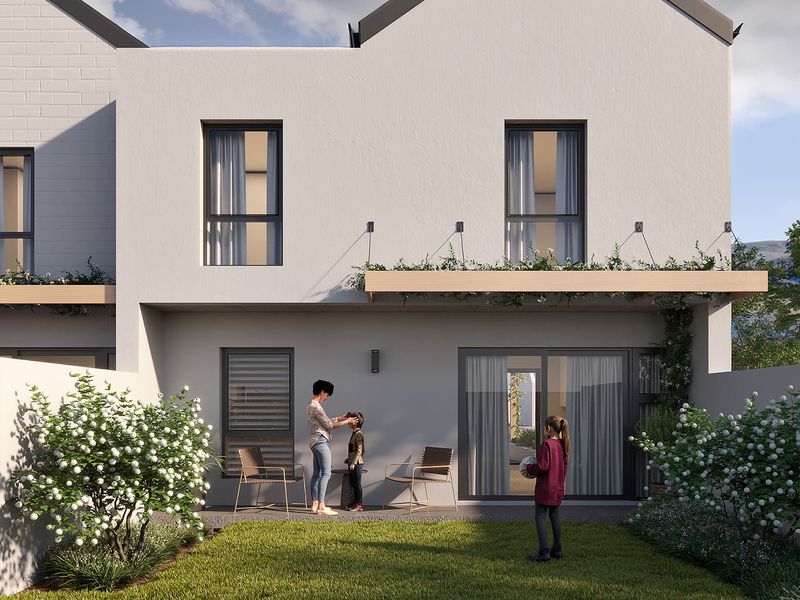 Rear view of a modern townhouse featuring a private garden, covered patio with timber pergola, and large sliding glass doors for indoor-outdoor flow.