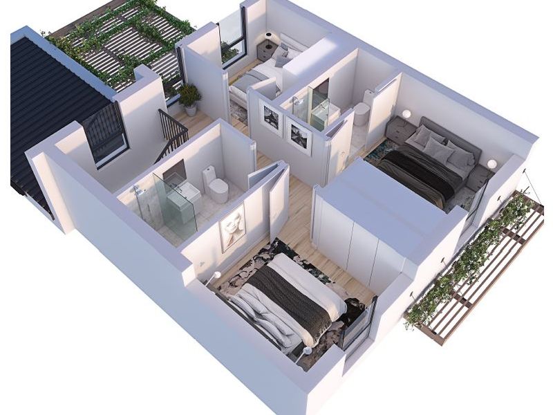 A 3D rendered floor plan showing the layout of a multi-bedroom townhouse level with bathrooms, built-in storage, and outdoor terrace areas.