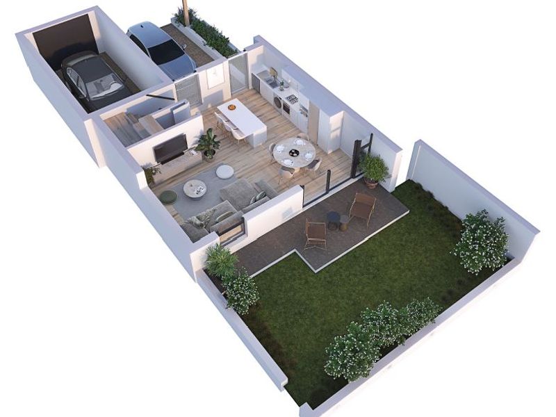 A 3D floor plan rendering of a townhouse featuring an open-plan living area, kitchen, double garage, patio, and private garden.