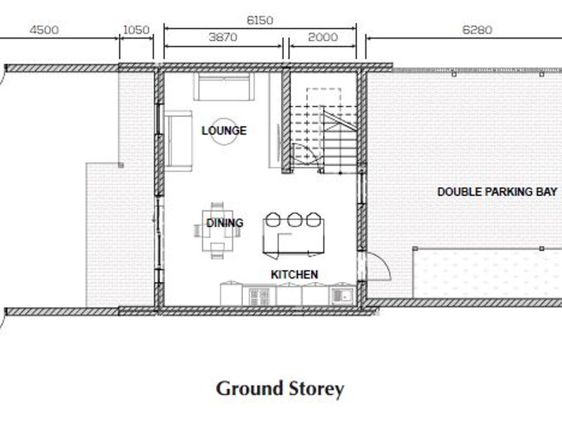 Architectural floor plan showing the ground storey layout, including kitchen, dining, lounge, staircase, and double parking bay.