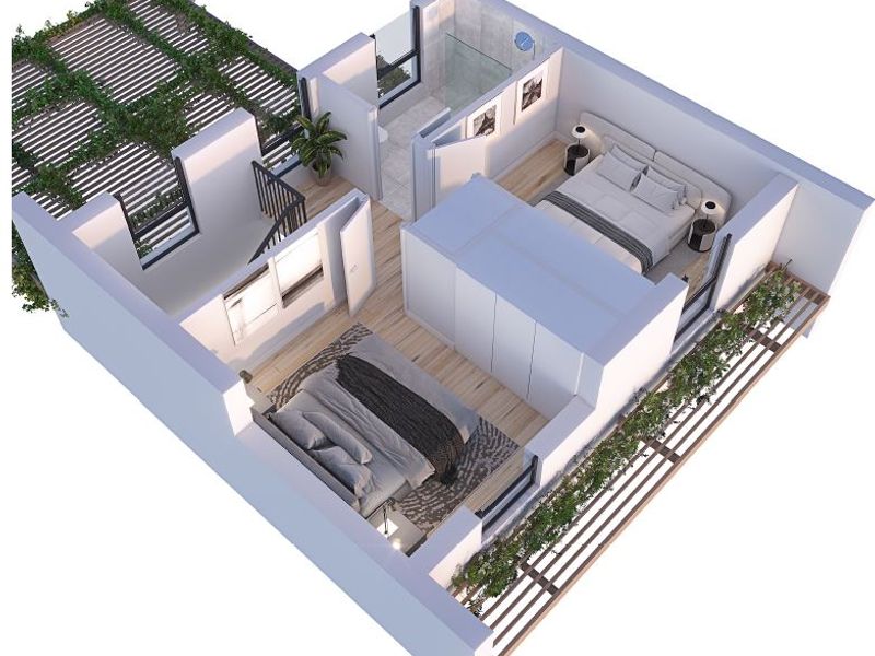 A 3D architectural floor plan rendering showing a bedroom layout with an en-suite bathroom, built-in storage, and an outdoor pergola area.