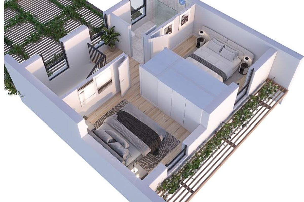 A 3D architectural floor plan rendering showing a bedroom layout with an en-suite bathroom, built-in storage, and an outdoor pergola area.