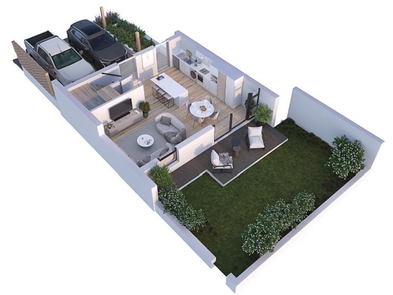 A 3D floor plan rendering of a townhouse featuring an open-plan living and kitchen area, private patio, garden, and driveway.