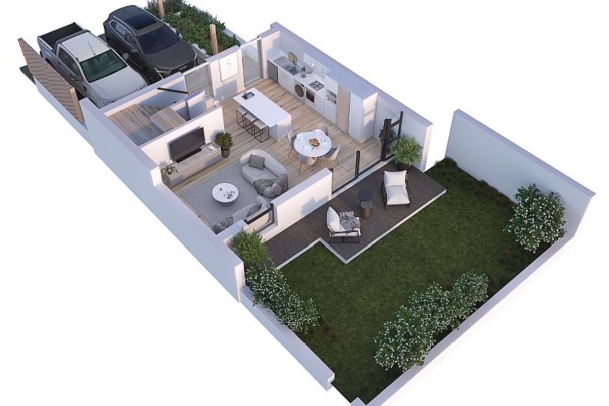 A 3D floor plan rendering of a townhouse featuring an open-plan living and kitchen area, private patio, garden, and driveway.