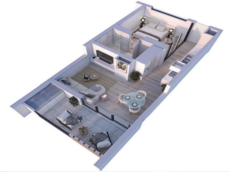 A 3D rendered floor plan showcasing the layout of an apartment, including a bedroom, bathroom, open-plan living area, and a balcony.