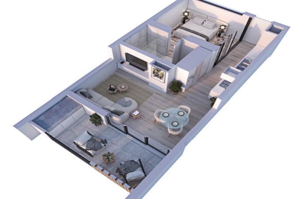 A 3D rendered floor plan showcasing the layout of an apartment, including a bedroom, bathroom, open-plan living area, and a balcony.