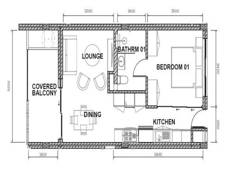 A clear architectural floor plan showing the layout of a one-bedroom apartment, including a lounge, dining area, kitchen, bathroom, and covered balcony.