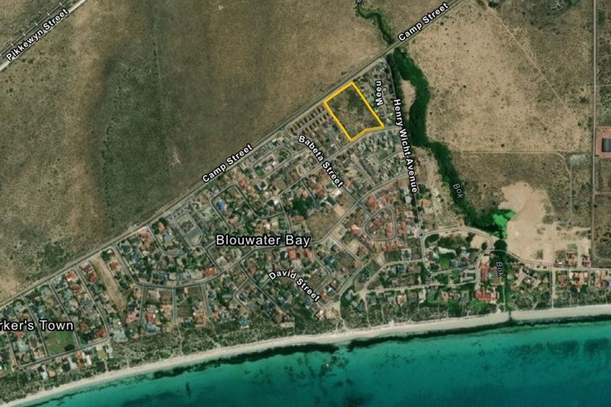 An aerial satellite view showing the property location highlighted within the Blouwater Bay residential area.
