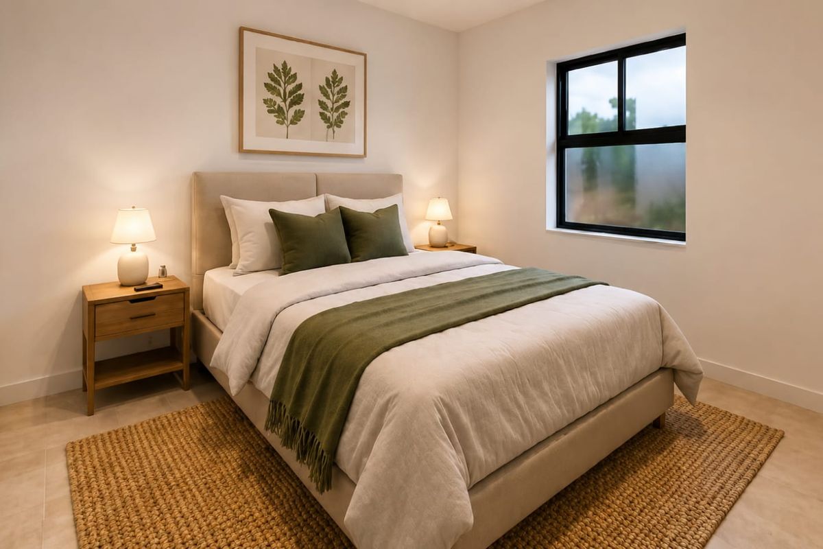 A well-lit, modern bedroom featuring neutral tones, tiled flooring, and a large black-framed window providing natural light.