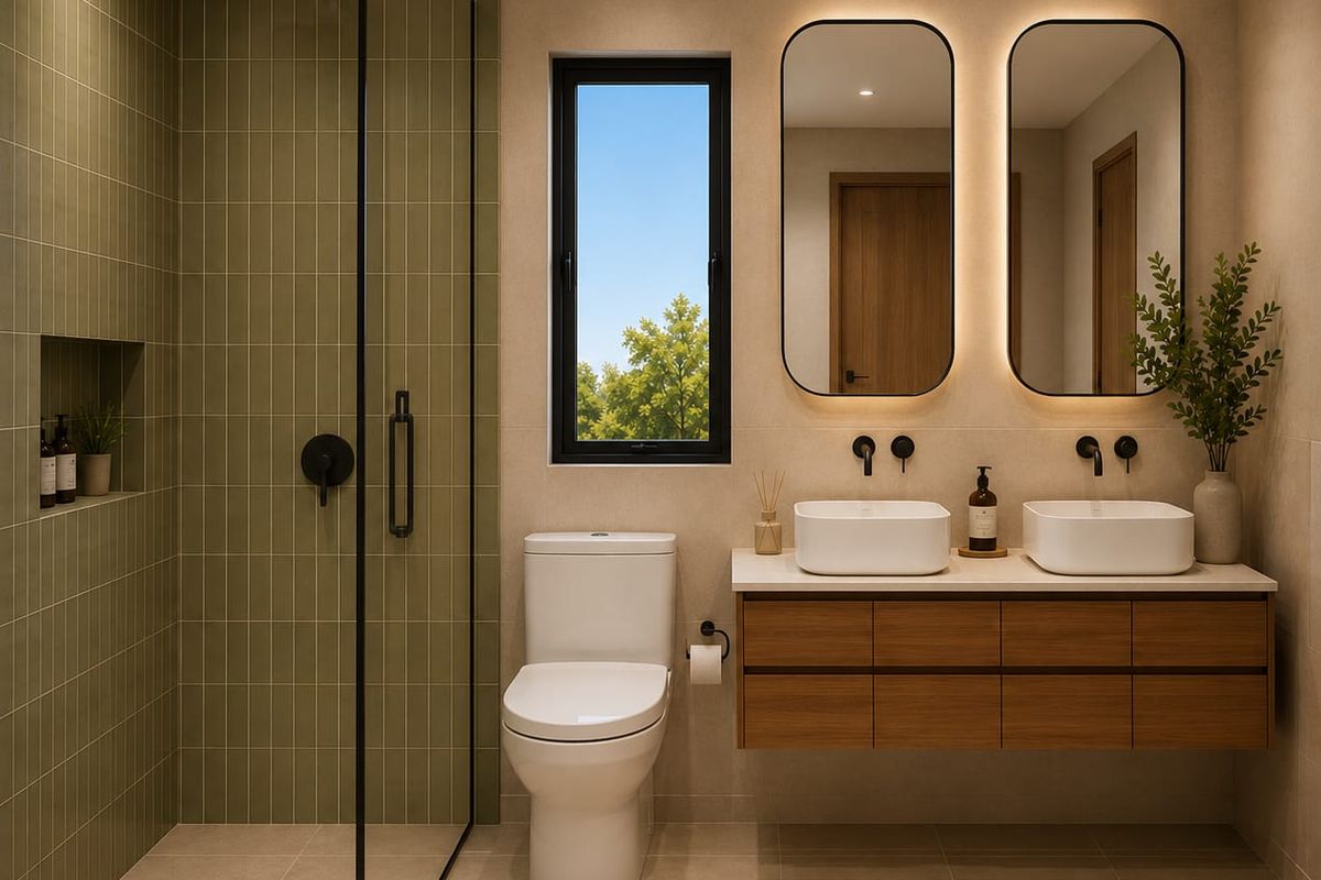 Modern bathroom featuring a walk-in shower with green tiled walls, a floating dual vanity with vessel sinks, and contemporary backlit mirrors.