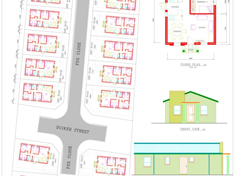 Architectural site development plan and floor plan for a residential property development, including front and side elevation views.