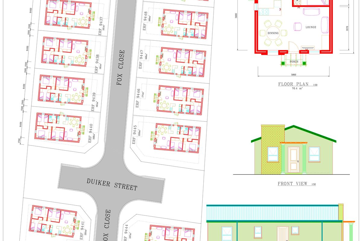 Architectural site development plan and floor plan for a residential property development, including front and side elevation views.