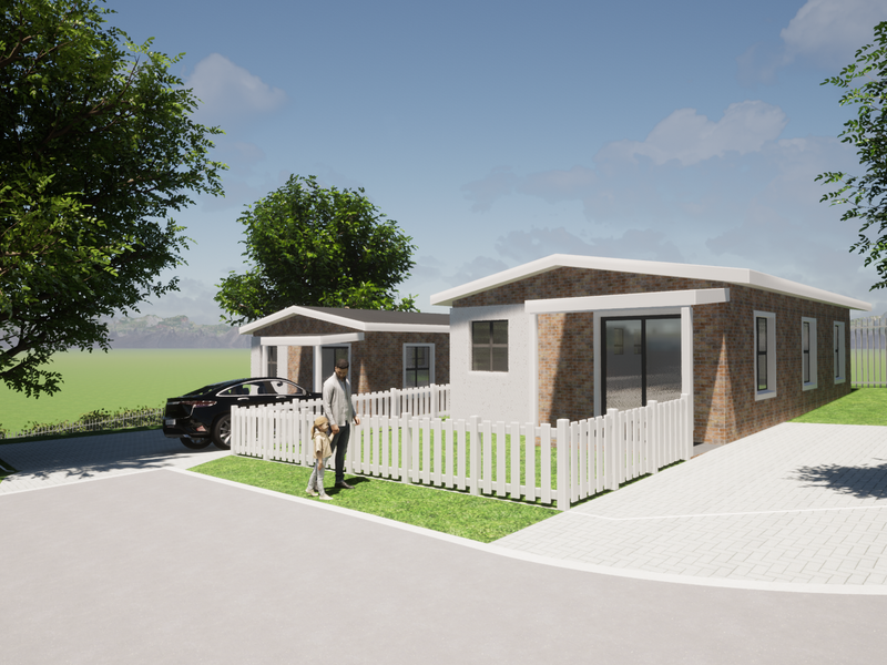 A digital rendering of a modern single-story brick house featuring a paved driveway, white picket fence, and a covered entrance area.