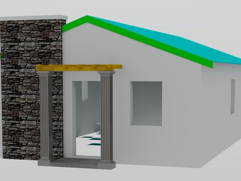A 3D architectural rendering of a house exterior featuring a stone chimney, decorative columns, and a pergola over the entrance.