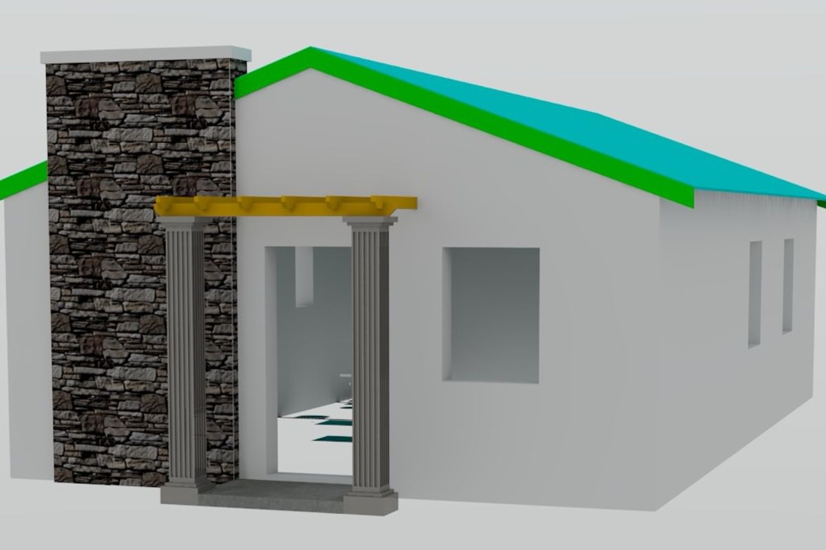 A 3D architectural rendering of a house exterior featuring a stone chimney, decorative columns, and a pergola over the entrance.