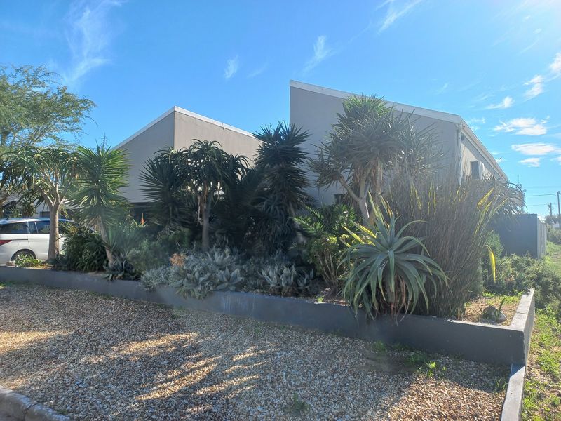 Front elevation of the property featuring a modern pitched roof design, painted masonry facade, and a landscaped raised garden bed with gravel driveway.