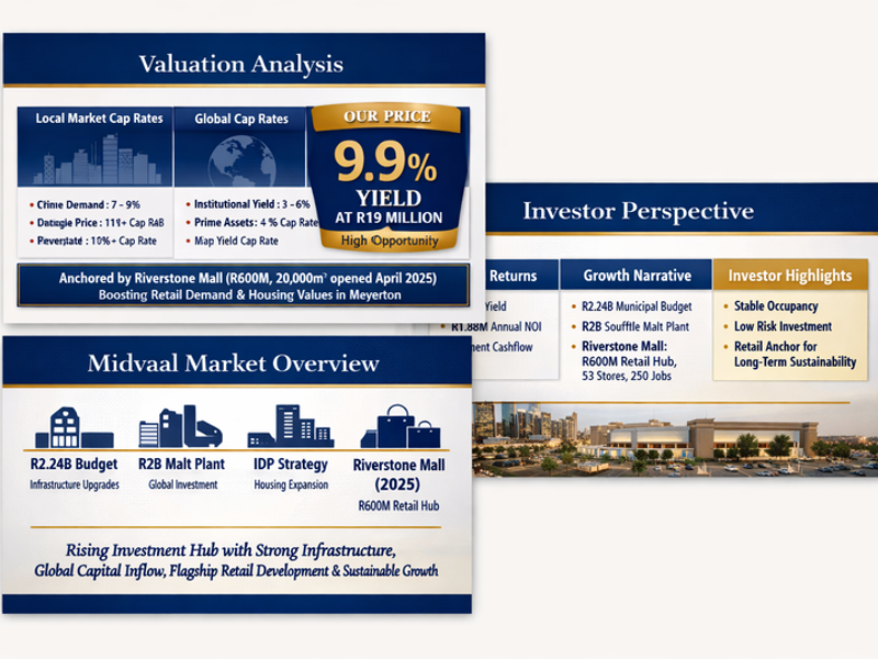 A marketing presentation slide showing valuation analysis, market overview, and investor highlights for a property development.