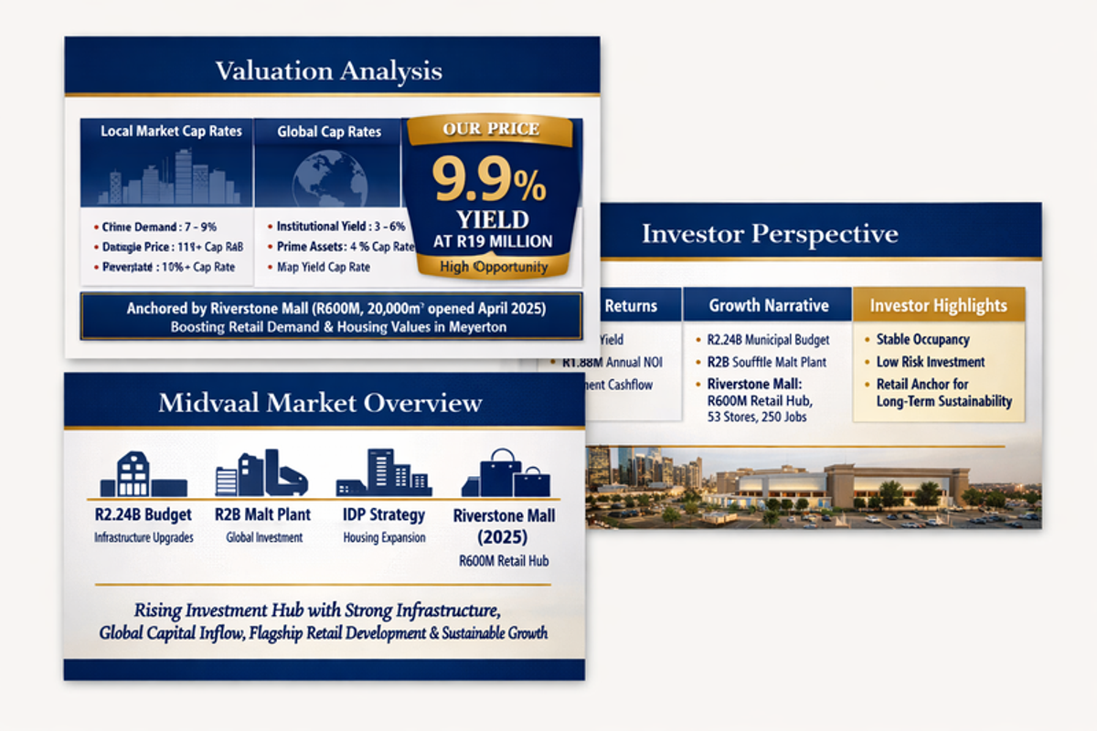 A marketing presentation slide showing valuation analysis, market overview, and investor highlights for a property development.