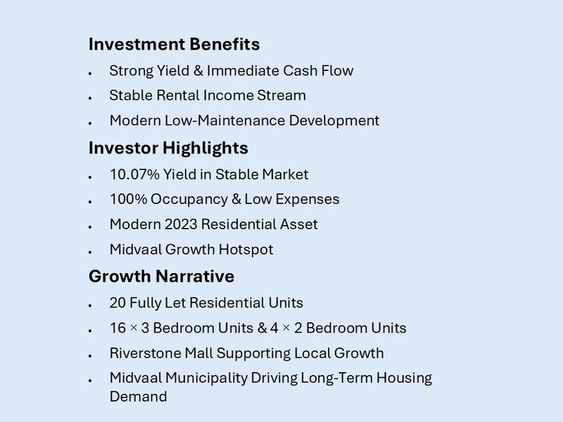 An informational graphic detailing investment benefits, highlights, and growth narrative for a residential property development.