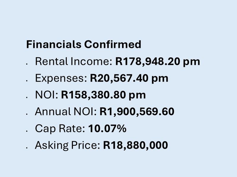 This image displays financial data for the property, including rental income, expenses, net operating income, cap rate, and the asking price.