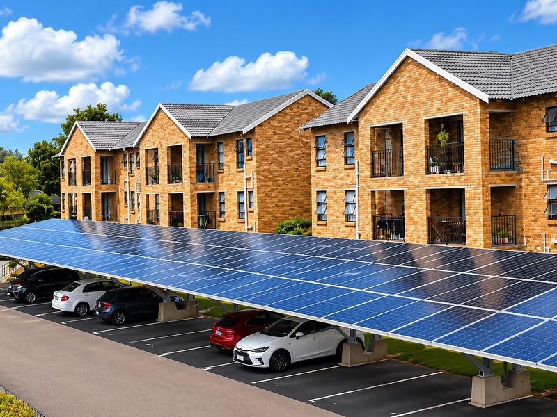 Exterior view of a multi-story brick apartment complex featuring a large solar panel carport covering the parking area.