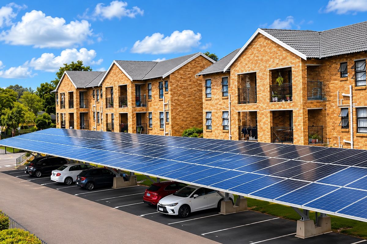 Exterior view of a multi-story brick apartment complex featuring a large solar panel carport covering the parking area.